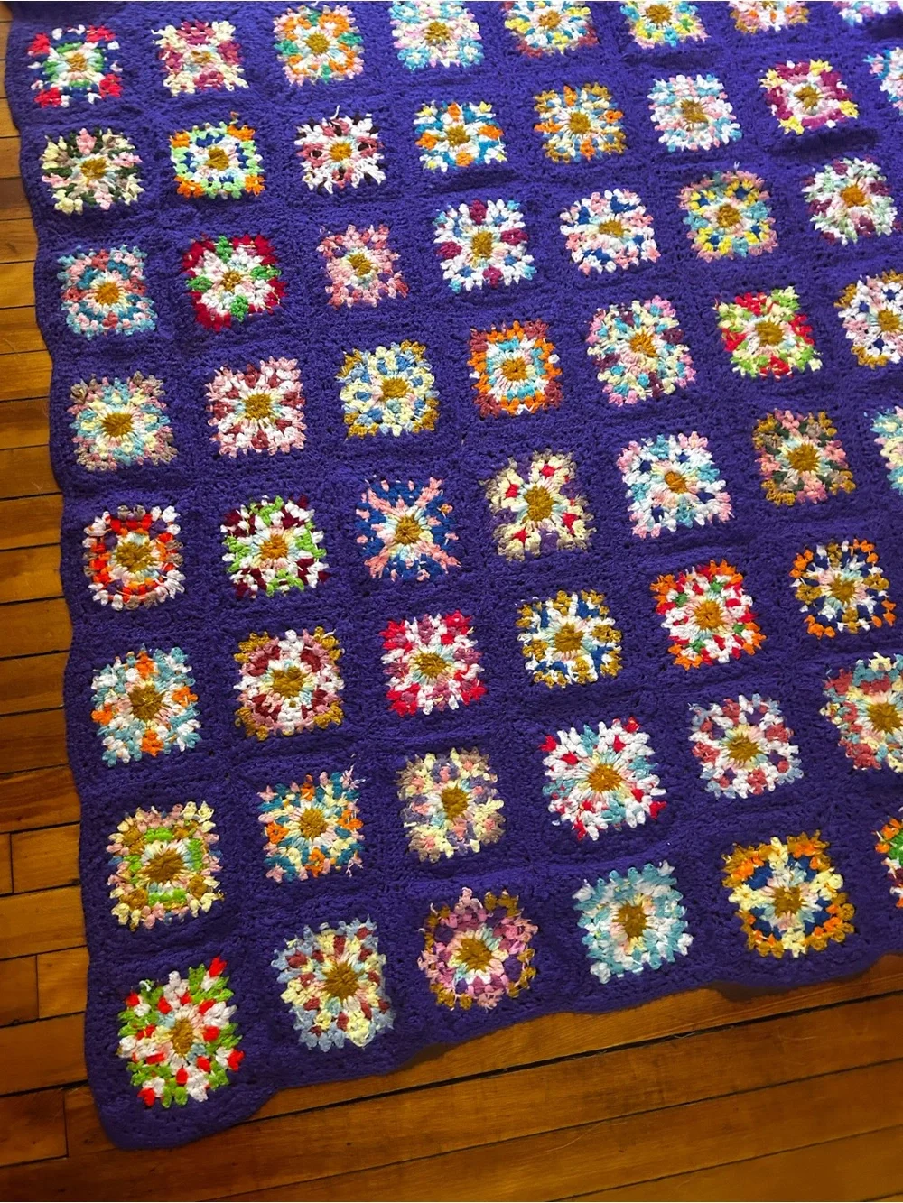 Handmade Purple Crochet Granny Square Throw Blanket - Multicolor Accents